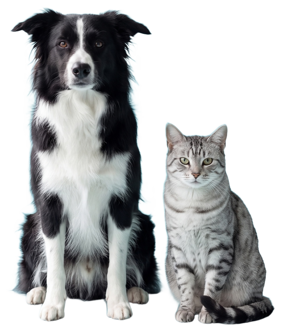 A black-and-white border collie and a silver tabby cat sit side by side, looking into the camera